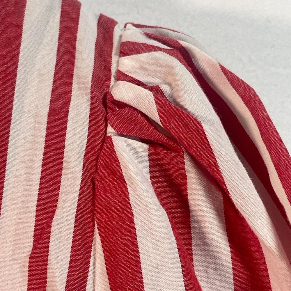 WHO WHAT WEAR red white stripe collared puff sleeve hidden buttons hi-lo hem LG - Picture 6 of 11